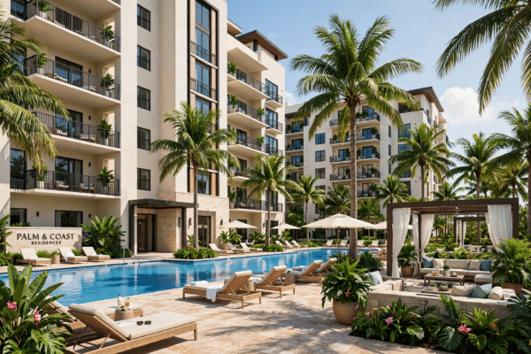 Modern luxury apartment building exterior with palm trees and a resort-style pool in Florida sunshine