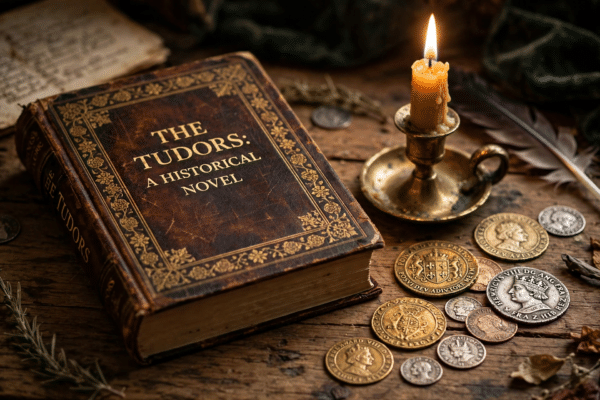 Hardback historical novel on a wooden desk beside a candle and Tudor-era coins in warm light