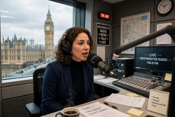 Radio journalist broadcasting live from a Westminster studio with headphones and microphone