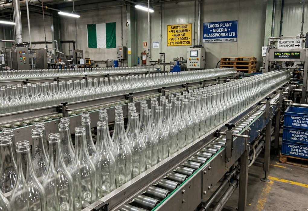 Rows of freshly manufactured glass bottles moving along a factory production line in Nigeria