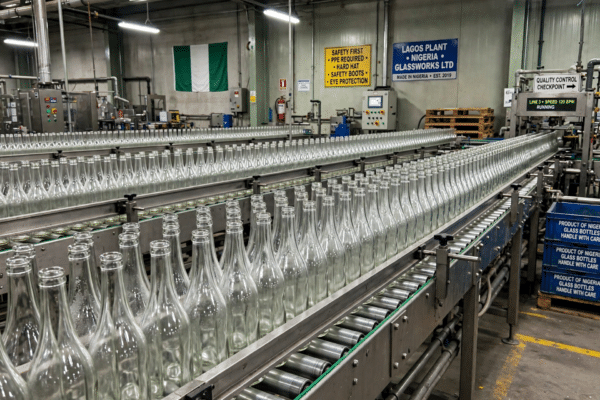Rows of freshly manufactured glass bottles moving along a factory production line in Nigeria