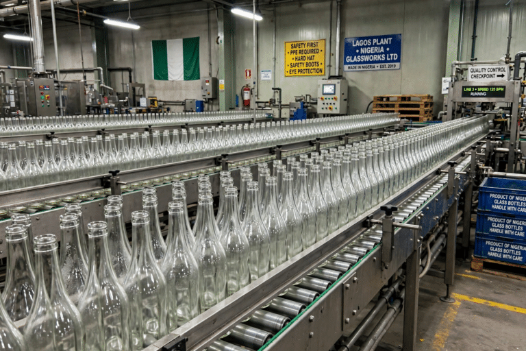 Rows of freshly manufactured glass bottles moving along a factory production line in Nigeria