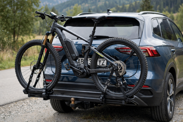 Electric mountain bike secured on a tow bar mounted bike rack at the rear of a car