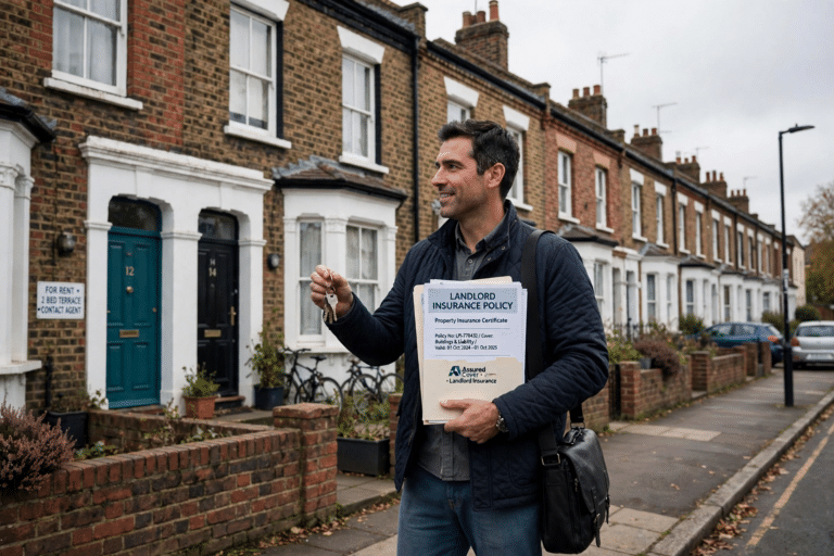 Row of UK terraced rental properties with a landlord holding keys and insurance documents