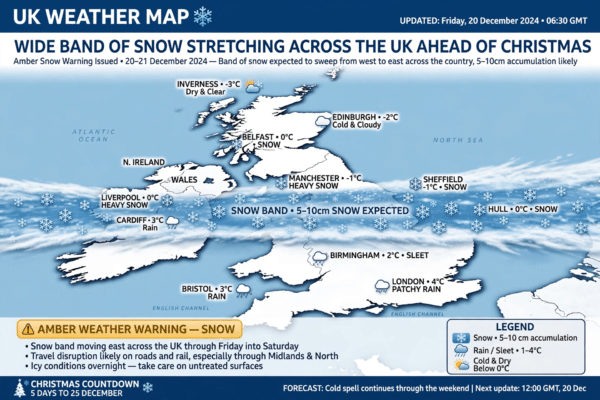 UK weather map showing a wide band of snow stretching across the country ahead of Christmas