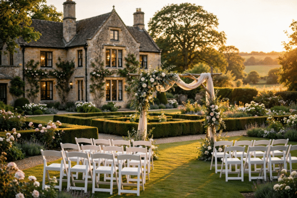 Elegant English country house wedding venue at golden hour with a decorated outdoor ceremony arch and white chairs