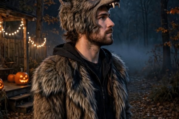 Person in a realistic werewolf Halloween costume with detailed fur and mask standing under a full moon