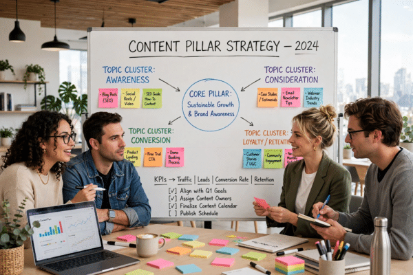Marketing team planning a content pillar strategy on a whiteboard with topic clusters and sticky notes