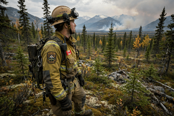 Wildland firefighter in protective gear standing in a Yukon forest landscape with mountains in the background