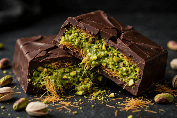 Thick Dubai chocolate bar broken open showing bright green pistachio and kataifi filling