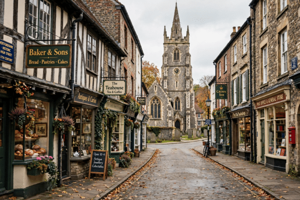 Quiet historic English old town high street with small shops, the kind of street used as a filming location for After Life