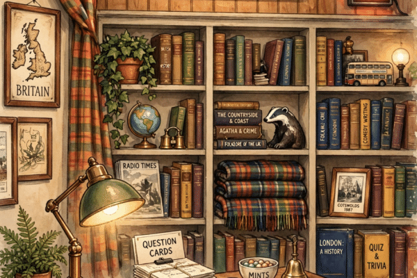 Cosy British television panel show studio set with a host's desk and bookshelves