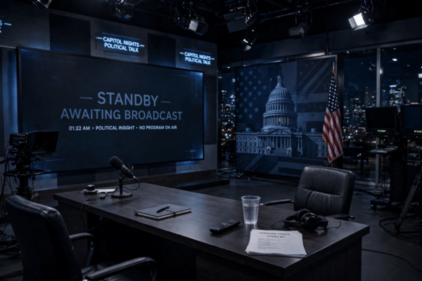 Empty late-night political TV talk show studio with desk and chairs ready for broadcast