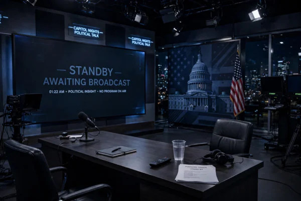 Empty late-night political TV talk show studio with desk and chairs ready for broadcast