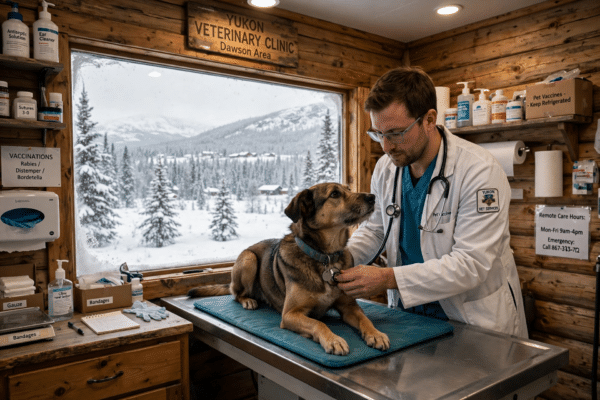 Veterinary clinic in a remote Yukon town with snow-covered wilderness visible through the window