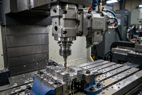 Industrial right-angle drilling spindle head mounted on a CNC machine drilling into a metal workpiece at ninety degrees
